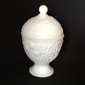 VTG milk glass footed dish with lid, floral motif